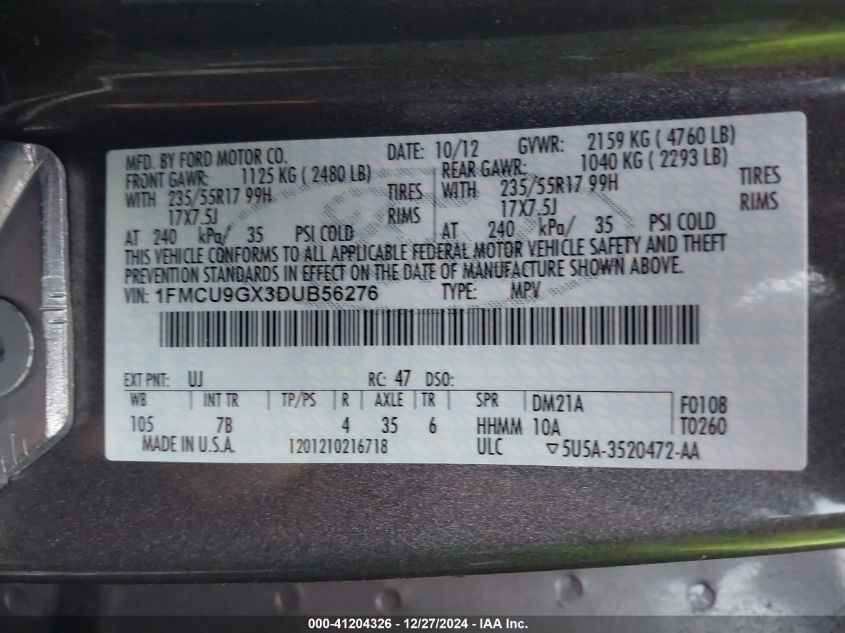 VIN 1FMCU9GX3DUB56276 2013 Ford Escape, SE no.9