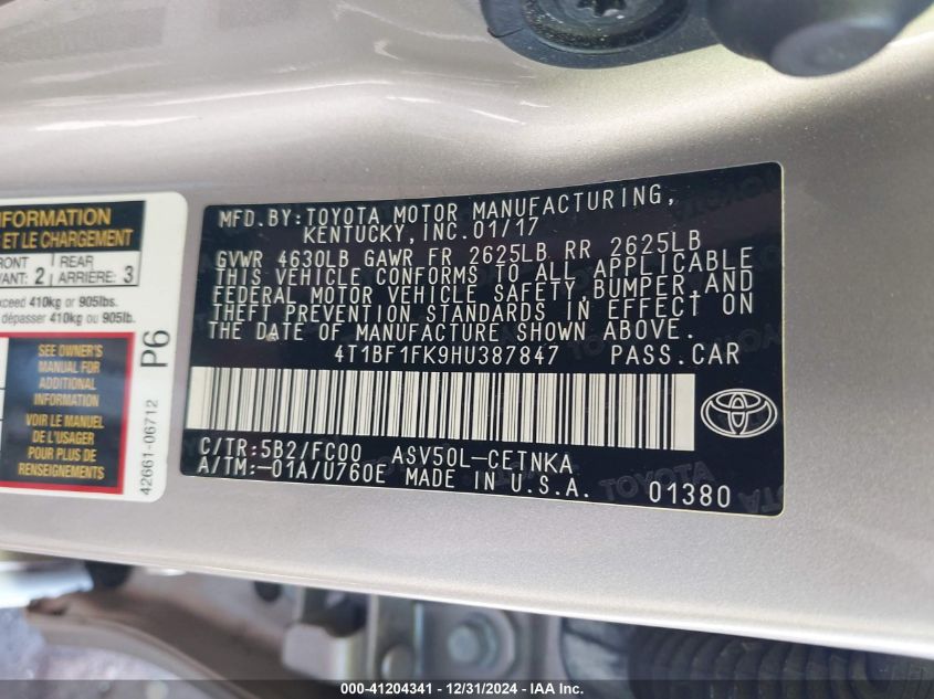 VIN 4T1BF1FK9HU387847 2017 Toyota Camry, LE no.9