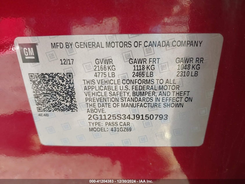 2018 CHEVROLET IMPALA VIN: 2G1125S34J9150793