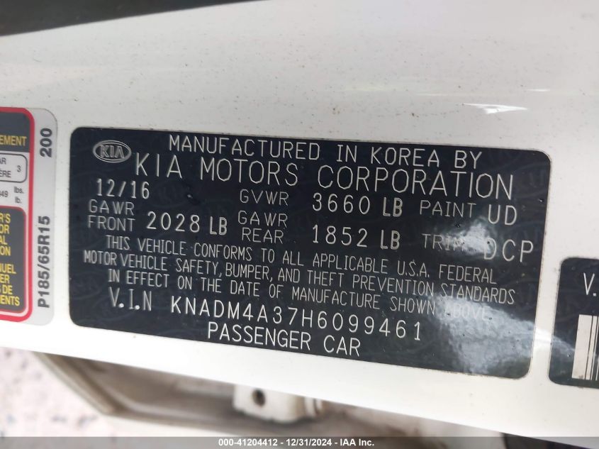 2017 Kia Rio Lx VIN: KNADM4A37H6099461 Lot: 41204412