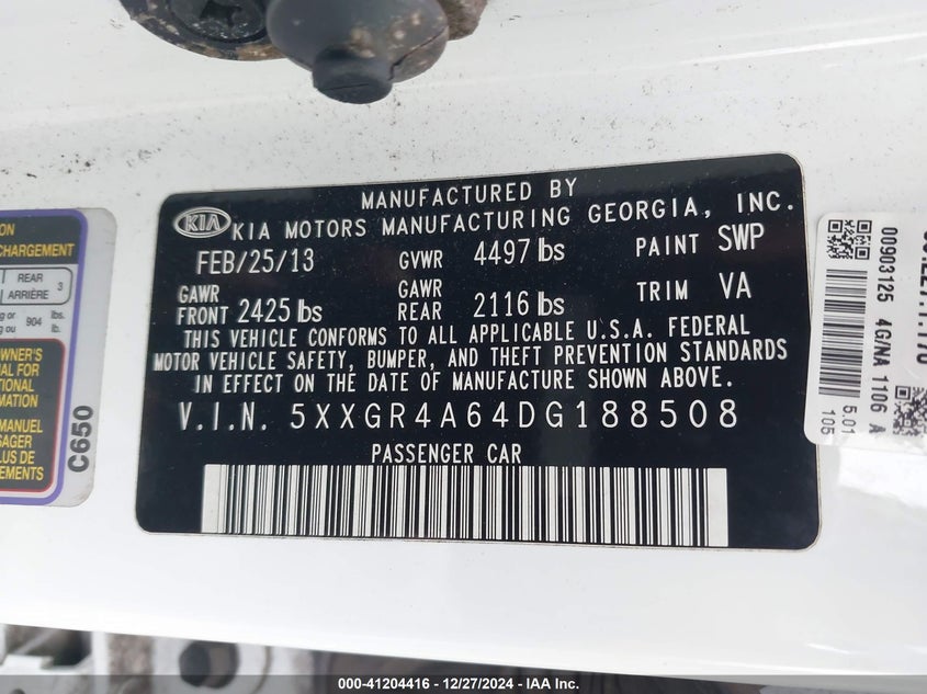2013 KIA OPTIMA VIN: 5XXGR4A64DG188508