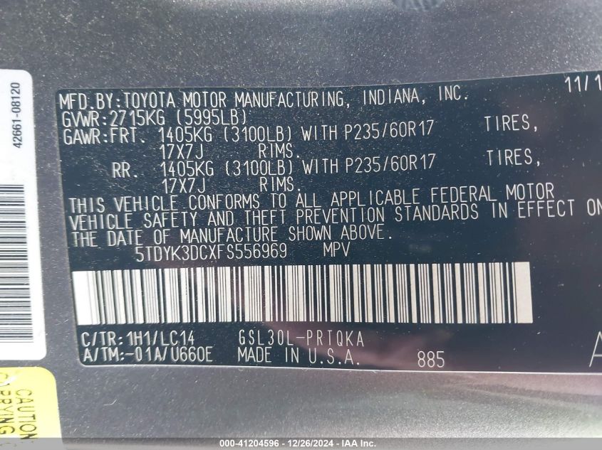 VIN 5TDYK3DCXFS556969 2015 TOYOTA SIENNA no.9