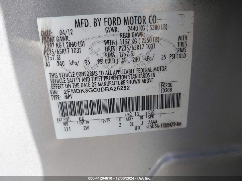 VIN 2FMDK3GC0DBA25252 2013 Ford Edge, SE no.9