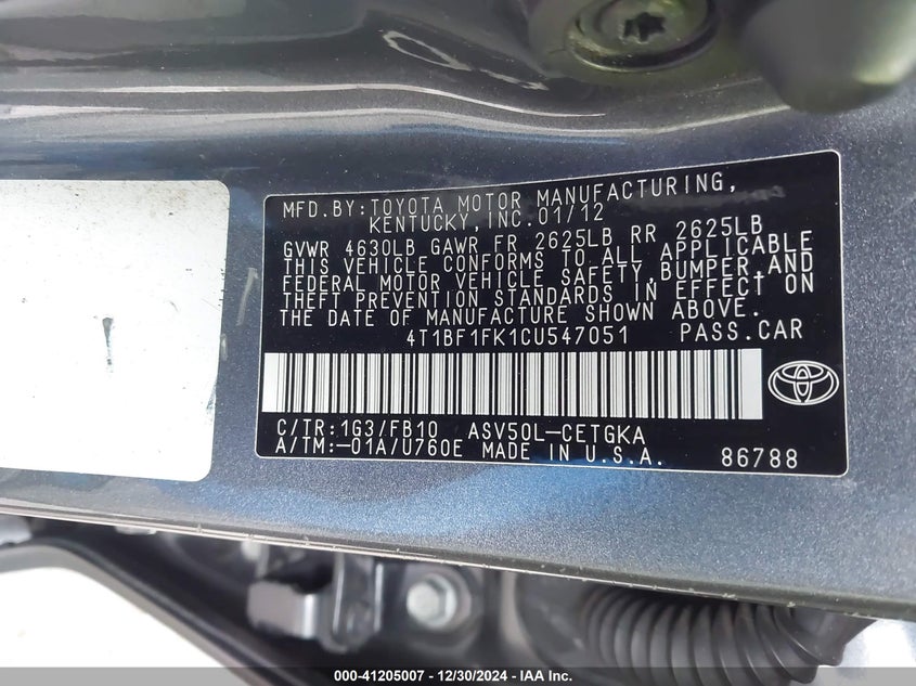 2012 TOYOTA CAMRY VIN: 4T1BF1FK1CU547051