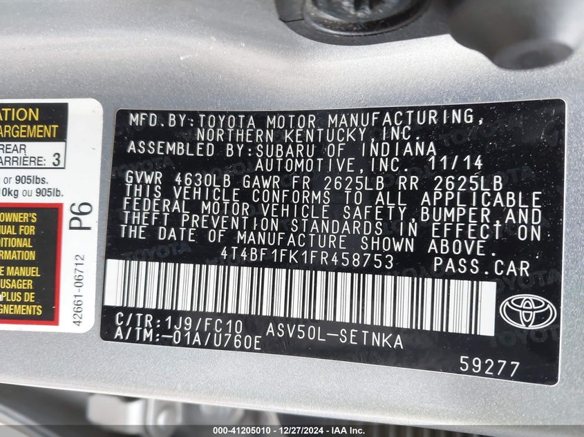 2015 TOYOTA CAMRY VIN: 4T4BF1FK1FR458753