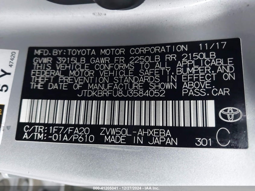 2018 TOYOTA PRIUS VIN: JTDKBRFU8J3584052