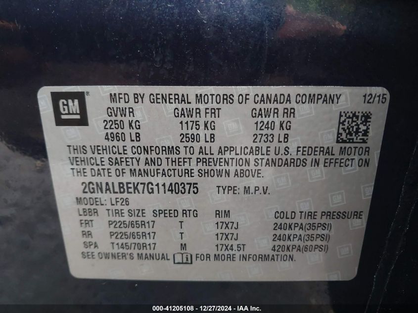 VIN 2GNALBEK7G1140375 2016 Chevrolet Equinox, LS no.9