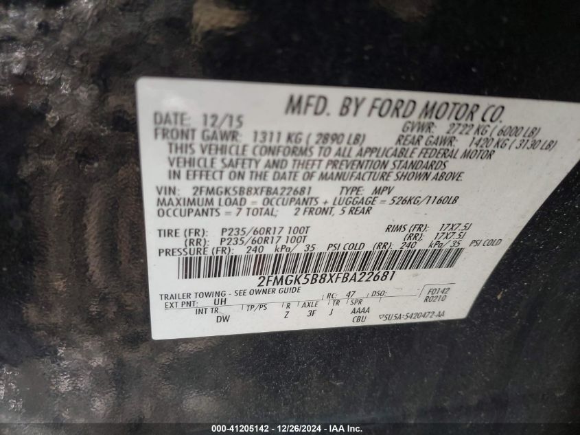 VIN 2FMGK5B8XFBA22681 2015 Ford Flex, SE no.9