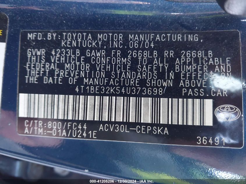 2004 Toyota Camry Le VIN: 4T1BE32K54U373598 Lot: 41205206