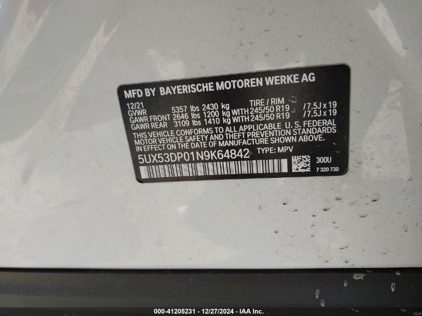 VIN 5UX53DP01N9K64842 2022 BMW X3, Xdrive30I no.9