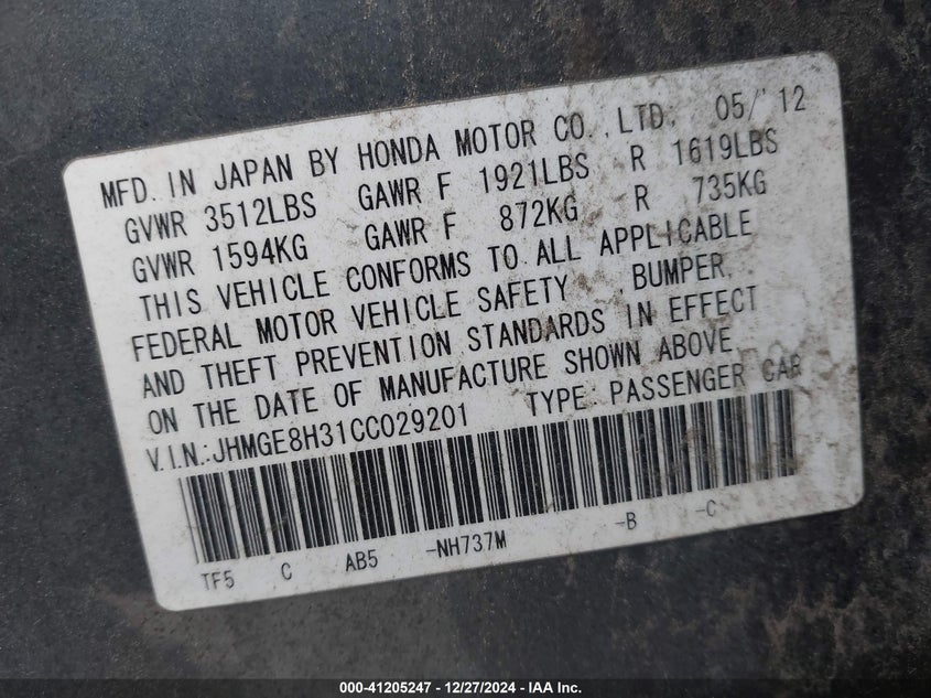 2012 HONDA FIT VIN: JHMGE8H31CC029201