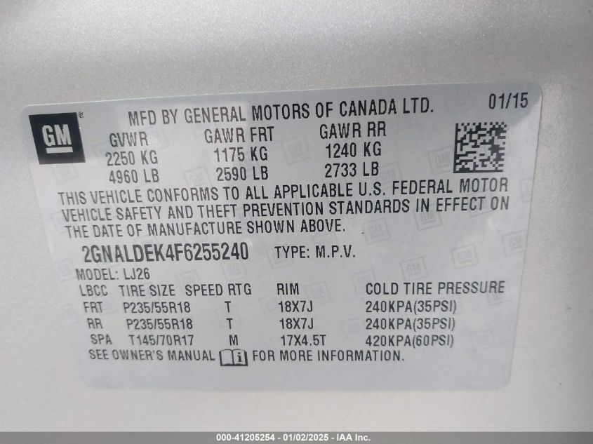 VIN 2GNALDEK4F6255240 2015 CHEVROLET EQUINOX no.9