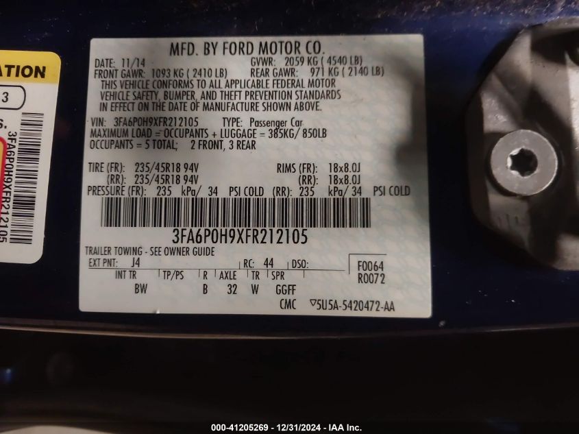 2015 FORD FUSION VIN: 3FA6P0H9XFR212105