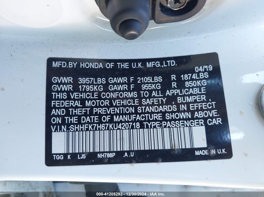 2019 HONDA CIVIC VIN: SHHFK7H67KU420718