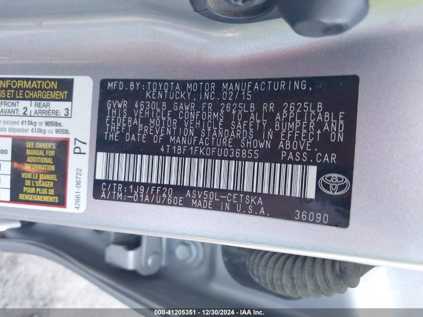 VIN 4T1BF1FK0FU036855 2015 Toyota Camry, SE no.9