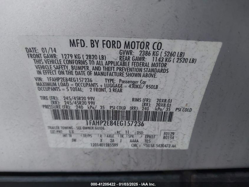 2014 Ford Taurus Sel VIN: 1FAHP2E84EG157236 Lot: 41205422