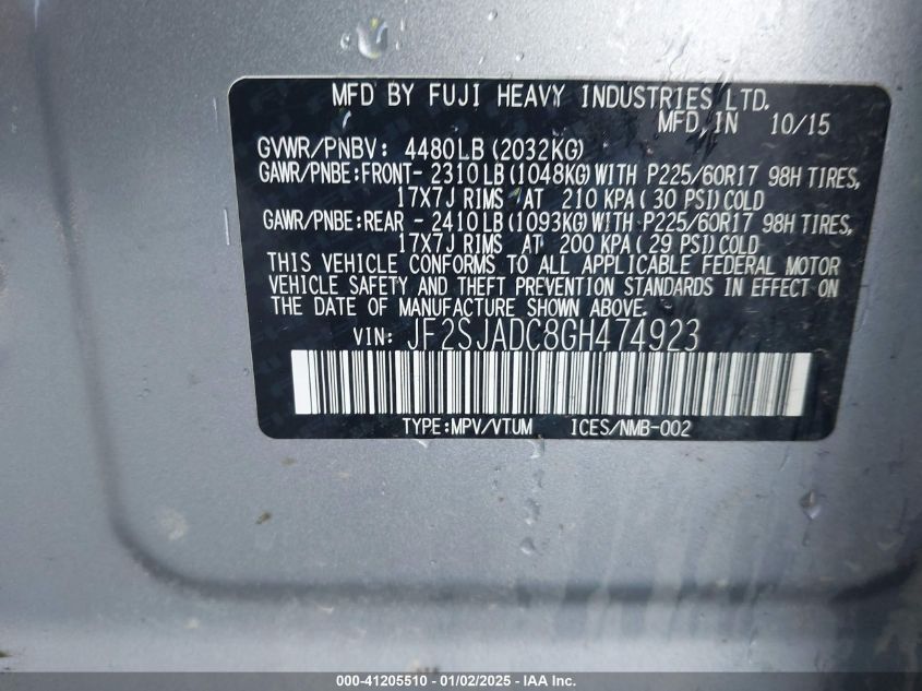 VIN JF2SJADC8GH474923 2016 Subaru Forester, 2.5I Pr... no.9