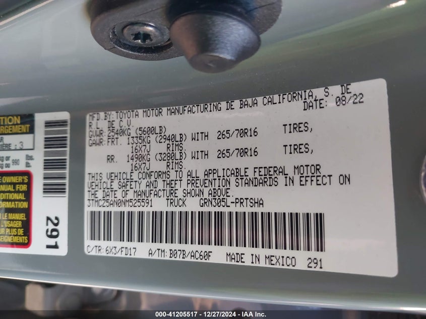 2022 TOYOTA TACOMA VIN: 3TMCZ5AN0NM525591