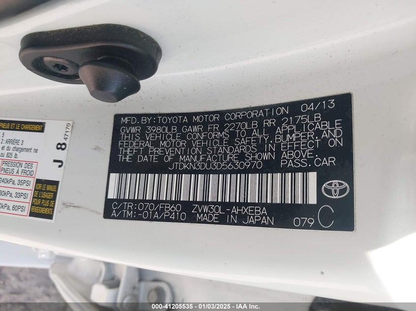2013 TOYOTA PRIUS VIN: JTDKN3DU3D5630970