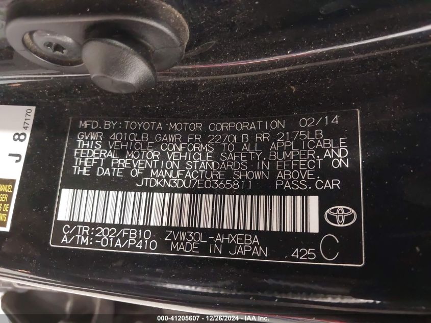 VIN JTDKN3DU7E0365811 2014 Toyota Prius, Two no.9