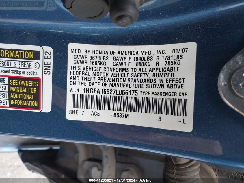 2007 HONDA CIVIC VIN: 1HGFA16527L056175