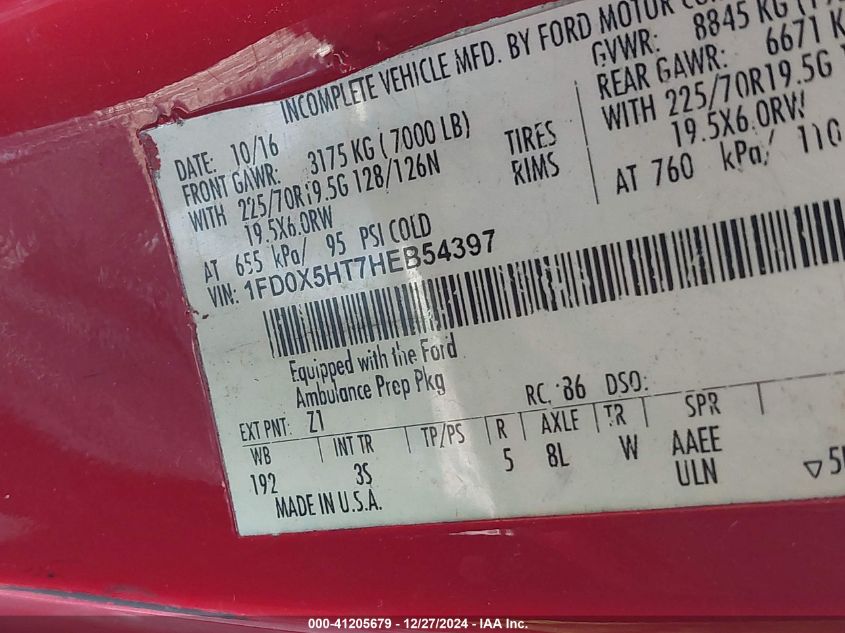 2017 Ford F-550 Chassis Xlt VIN: 1FD0X5HT7HEB54397 Lot: 41205679