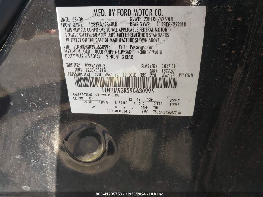 2009 Lincoln Mks VIN: 1LNHM93R29G63099 Lot: 41205753