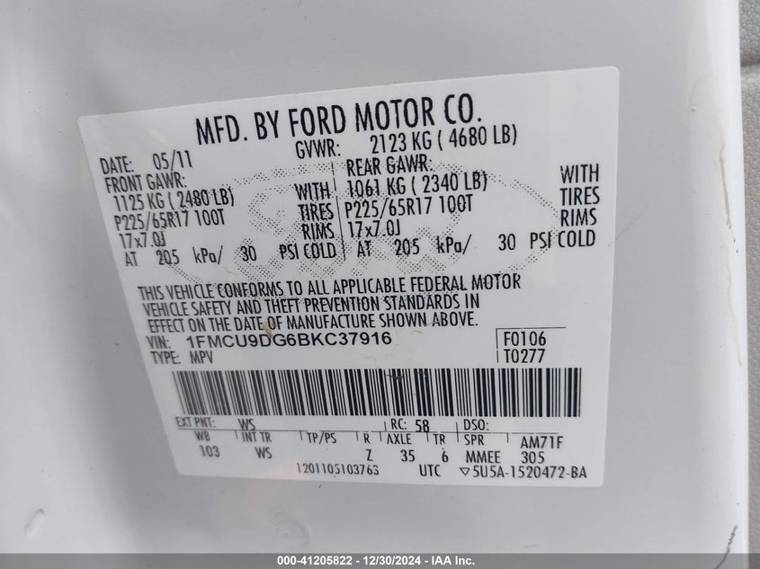 2011 FORD ESCAPE VIN: 1FMCU9DG6BKC37916