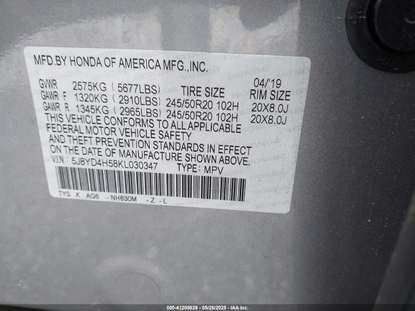 2019 Acura Mdx Tech Pkg VIN: 5J8YD4H58KL030347 Lot: 41205826