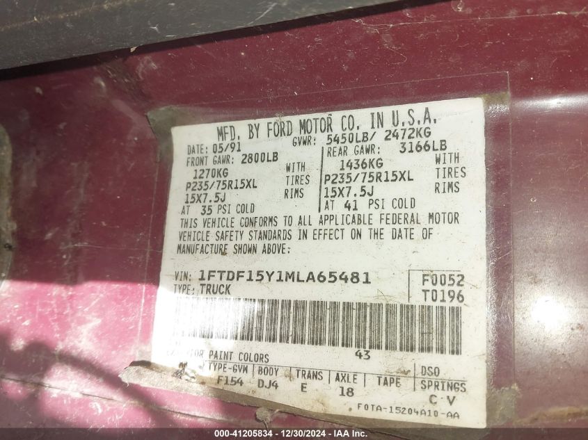 1991 Ford F-150 VIN: 1FTDF15Y1MMA65481 Lot: 41205834