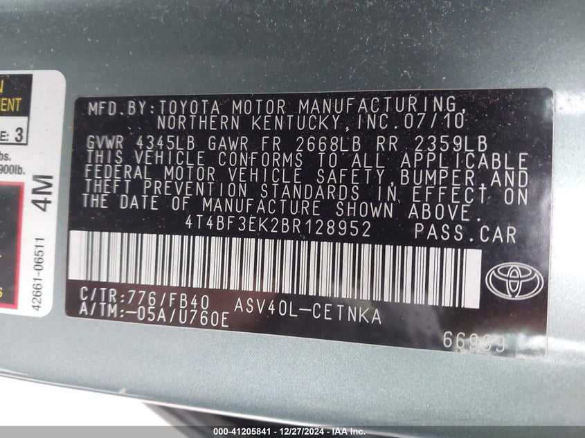 2011 TOYOTA CAMRY VIN: 4T4BF3EK2BR128952