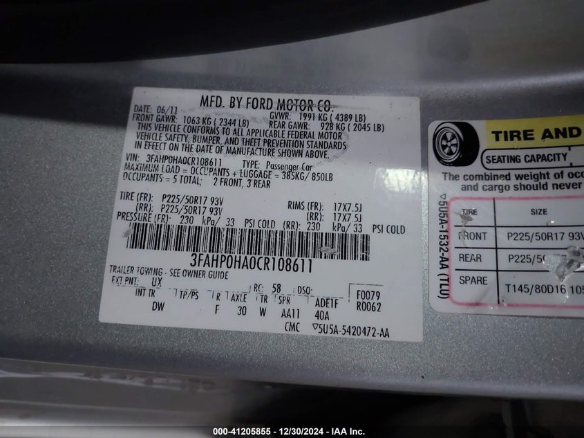 2012 FORD FUSION VIN: 3FAHP0HA0CR108611