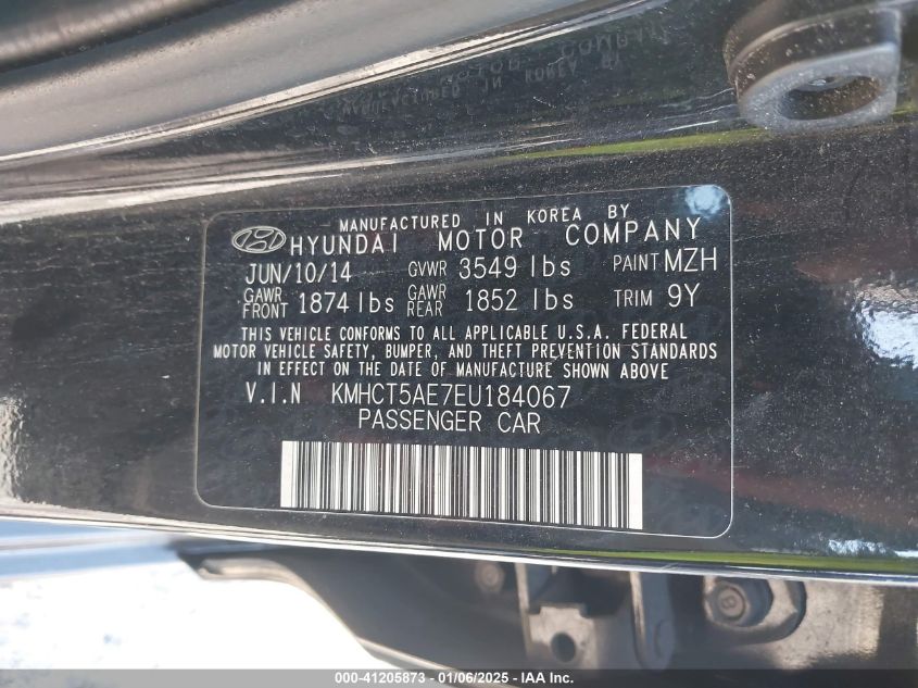 VIN KMHCT5AE7EU184067 2014 Hyundai Accent, GS no.9