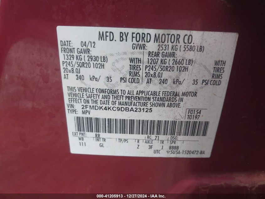 VIN 2FMDK4KC9DBA23125 2013 FORD EDGE no.9