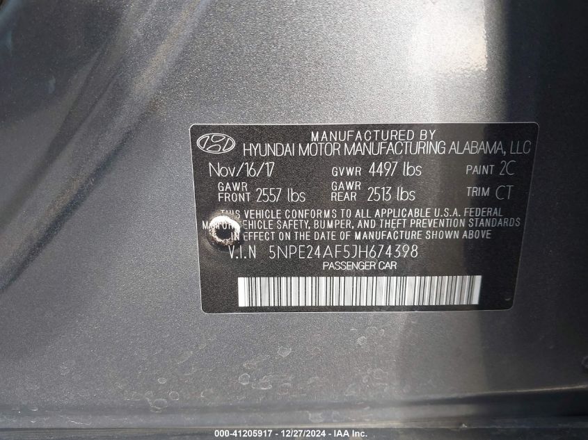 VIN 5NPE24AF5JH674398 2018 Hyundai Sonata, SE no.9