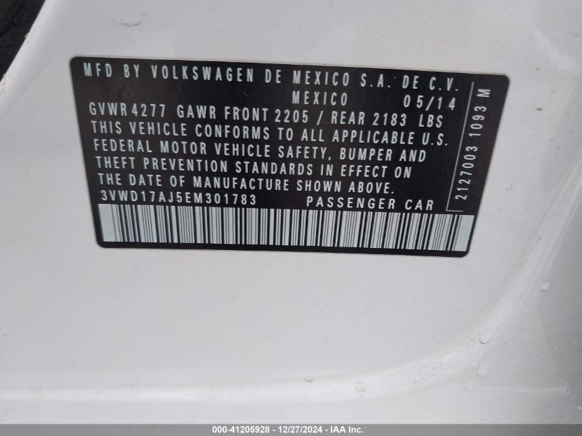 VIN 3VWD17AJ5EM301783 2014 Volkswagen Jetta, 1.8T Se no.9