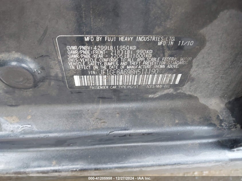 2011 SUBARU IMPREZA VIN: JF1GE6A69BH511190