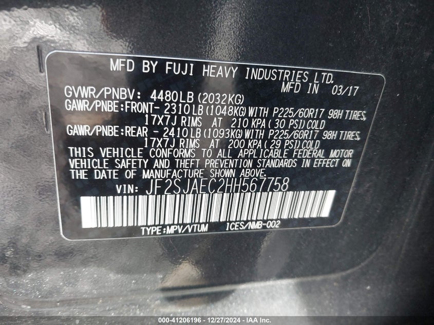 2017 SUBARU FORESTER 2.5I PREMIUM - JF2SJAEC2HH567758