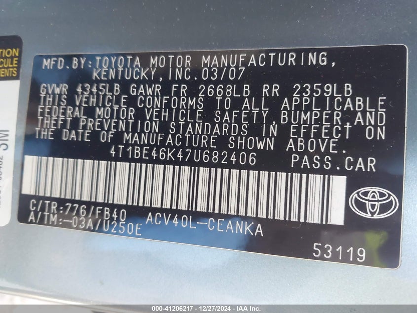 2007 TOYOTA CAMRY VIN: 4T1BE46K47U682406