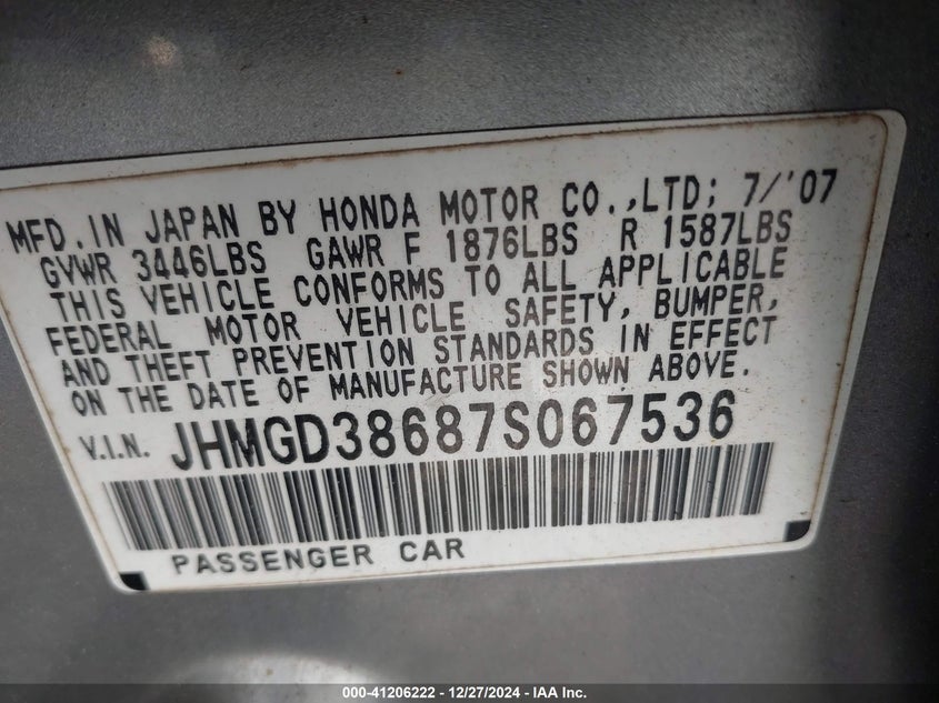 2007 HONDA FIT VIN: JHMGD38687S067536