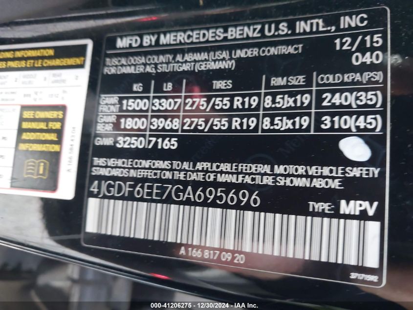 VIN 4JGDF6EE7GA695696 2016 Mercedes-Benz GL 450, 4M... no.9