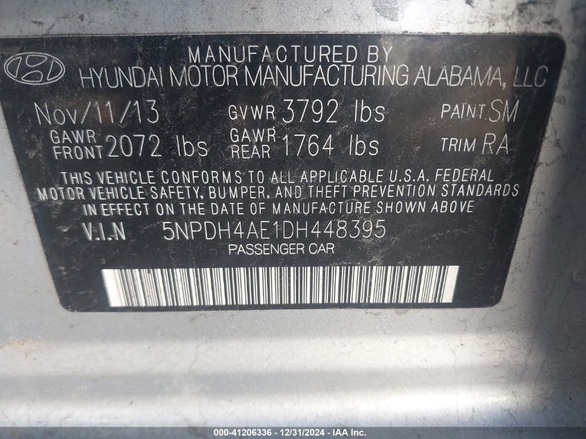 VIN 5NPDH4AE1DH448395 2013 Hyundai Elantra, Gls no.9