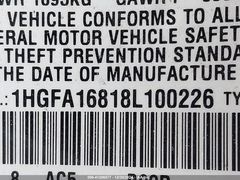 2008 HONDA CIVIC VIN: 1HGFA16818L100226