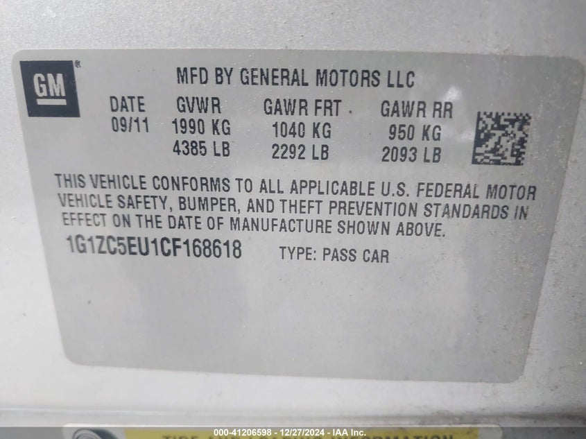 2012 CHEVROLET MALIBU VIN: 1G1ZC5EU1CF168618