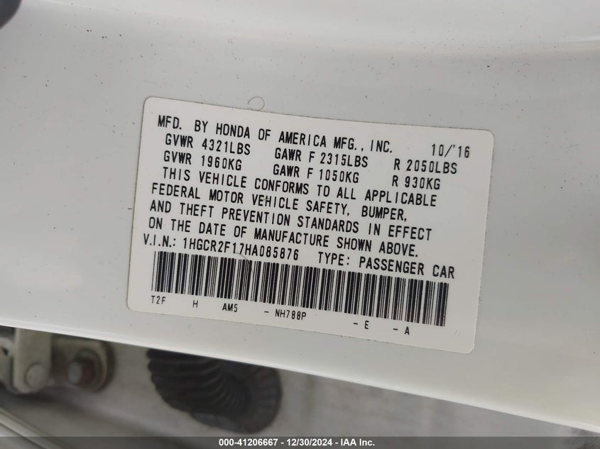 2017 HONDA ACCORD VIN: 1HGCR2F17HA085876