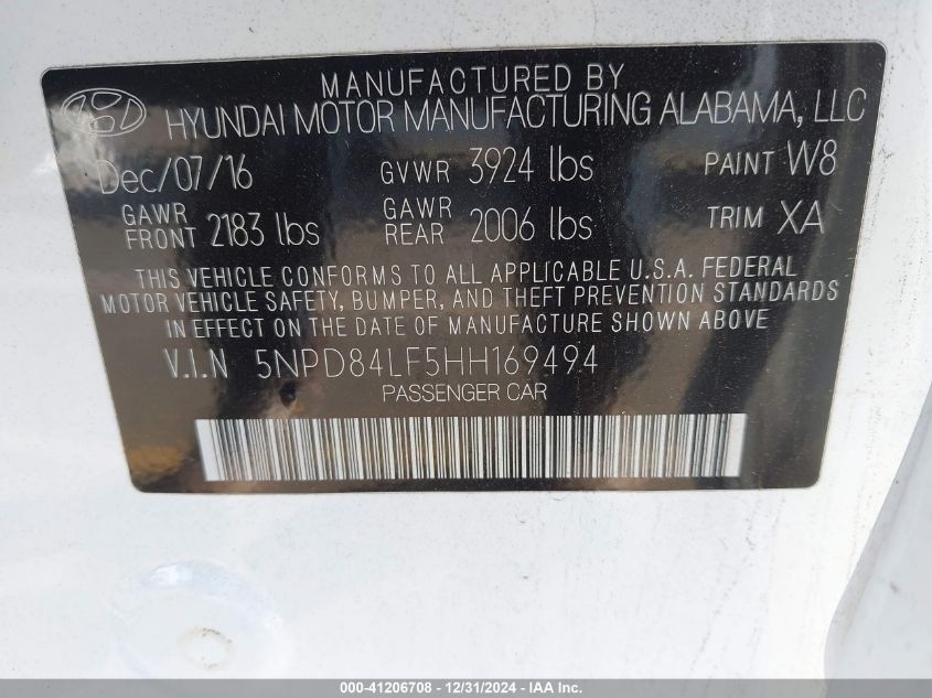 VIN 5NPD84LF5HH169494 2017 Hyundai Elantra, Value E... no.9