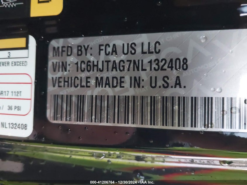 2022 JEEP GLADIATOR VIN: 1C6HJTAG7NL132408