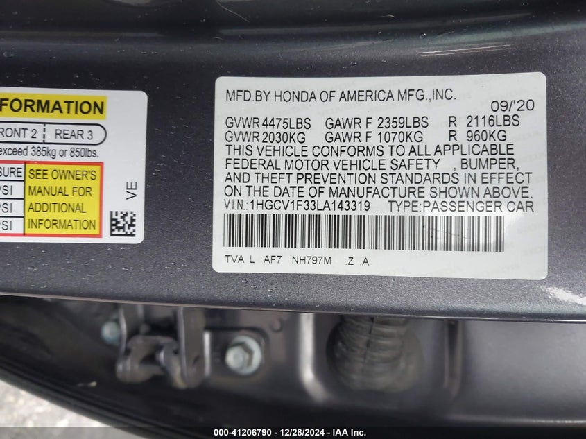 2020 HONDA ACCORD VIN: 1HGCV1F33LA143319