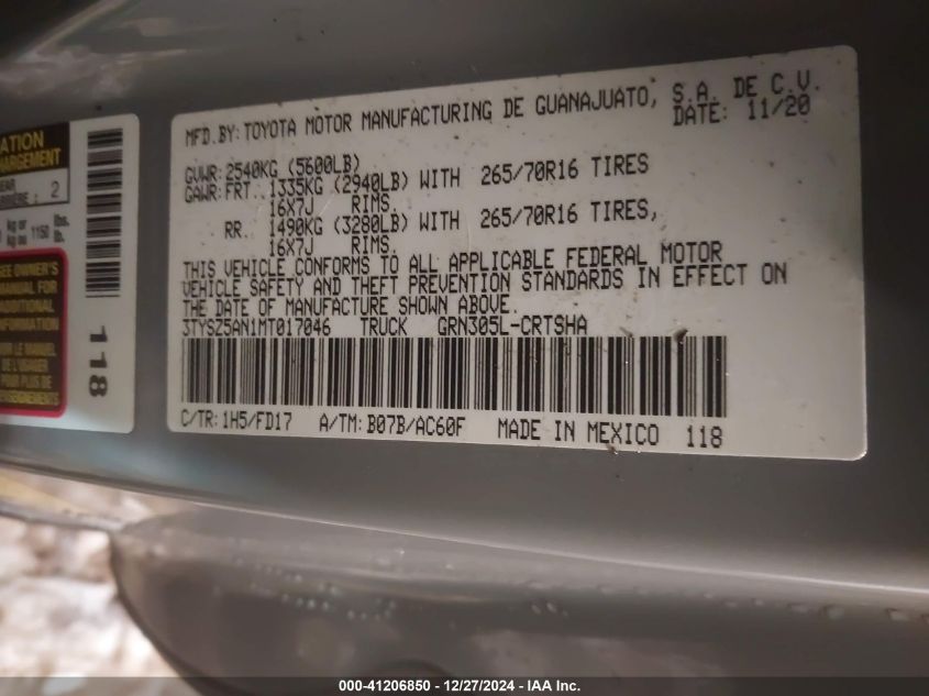 VIN 3TYSZ5AN1MT017046 2021 TOYOTA TACOMA no.9