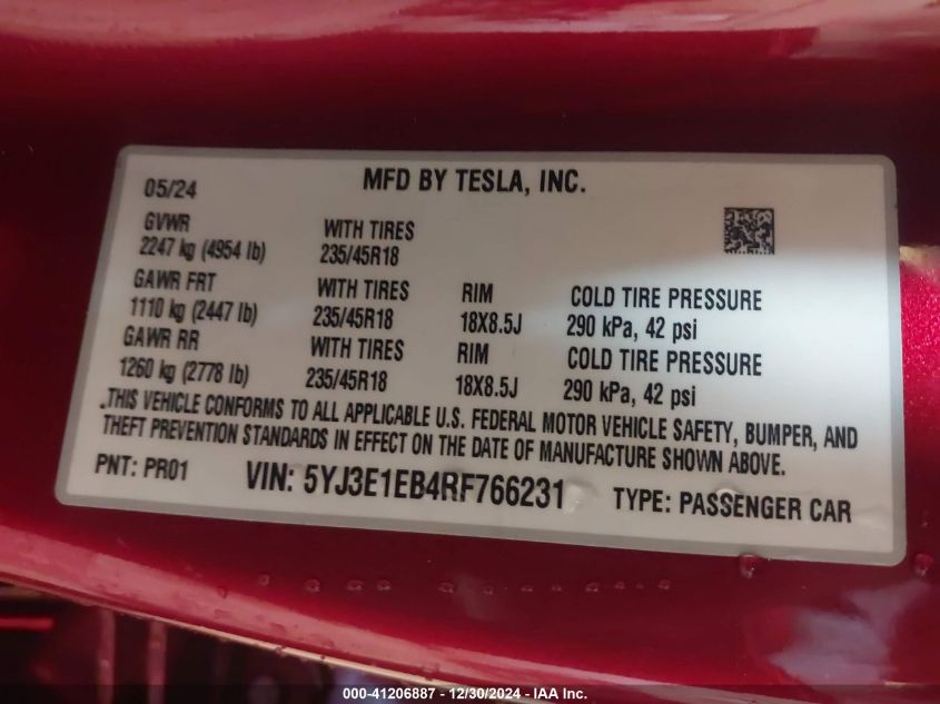 VIN 5YJ3E1EB4RF766231 2024 Tesla Model 3, Long Rang... no.9